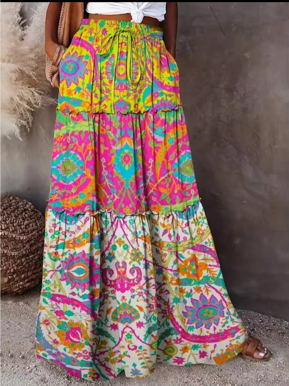 Bohemian Tiered Maxi Skirt - Multicolor New Paisley Pink White Floral Boho S